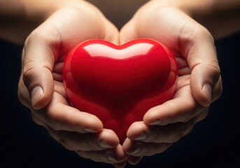 Fototapeta premium A pair of hands gently holding a bright red glossy heart symbolizing love and care