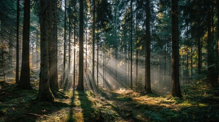 Obraz premium Sunlight streams through dense forest, illuminating trees and creating shadows on the ground