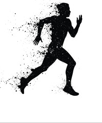 Dynamic Silhouette of a Running Athlete with Abstract Dispersion Effect, Speed, Motion, Fitness, Marathon, Competition, Isolated on White Background for Graphic Design.