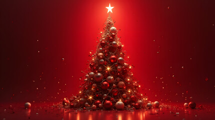 Sapin décoré et ambiance rouge sombre (lumière, points dorés, étoile dorée) atmosphère festive | noel