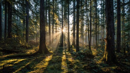 Fototapeta premium Sunlight streams through a dense forest, illuminating trees and the mossy ground