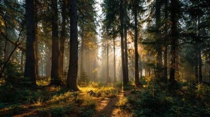 Obraz premium Sunlight streams through tall, dense trees in a vibrant forest, creating a peaceful scene