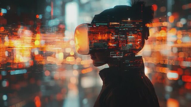 Immersive Reality Glimpse: A person wearing a virtual reality headset experiences an immersive digital world within a neon-lit cityscape, showcasing the nexus of technology and the future.