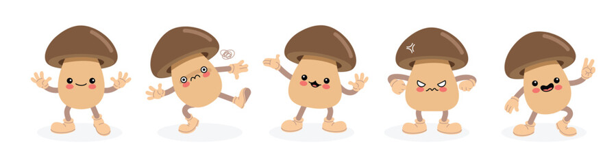 A cute mushroom cartoon mascot character in a variety of emotional expressions. Flat vector design perfect for UI elements, educational materials, emoji sets, web design, and character animation.