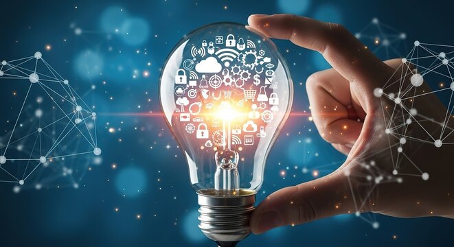 Innovative lightbulb symbolizing digital transformation and global connectivity through technology and ideas
