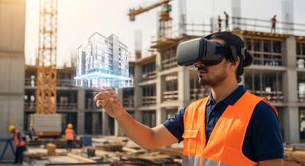 Engineer uses vr headset to visualize building design at construction site