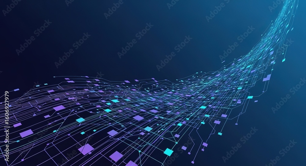 Poster abstract digital data stream with glowing nodes and interconnected lines on a dark blue background