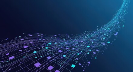 Abstract digital data stream with glowing nodes and interconnected lines on a dark blue background