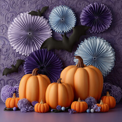 A purple background with orange and blue flowers and three pumpkins. The flowers are scattered around the pumpkins, creating a festive and colorful display