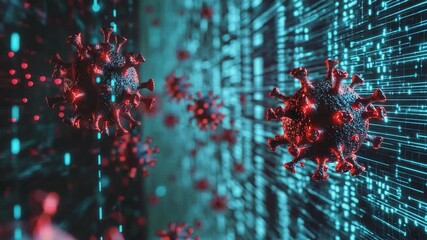 Digital Virus: An image shows a digital representation of a virus particle amidst a complex network, suggesting the spread of a virus in a digital environment. - Powered by Adobe