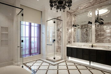  Lavish bathroom with a spacious glass shower, black chandelier, and exquisite marble surfaces.