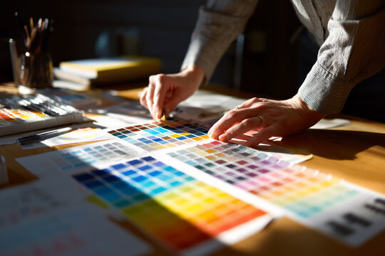 Hands arranging colorful color swatches on a wooden table during daylight for a design project in a creative workspace