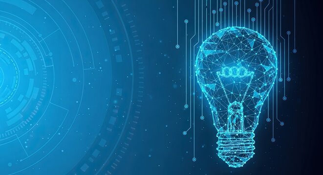 Digital brain lightbulb symbolizing innovation and artificial intelligence on a blue futuristic background