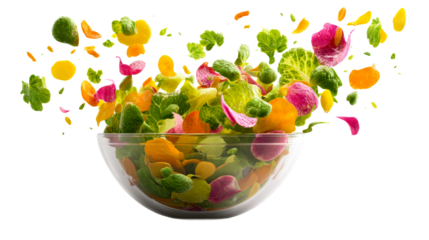 Colorful salad ingredients flying into a bowl with motion