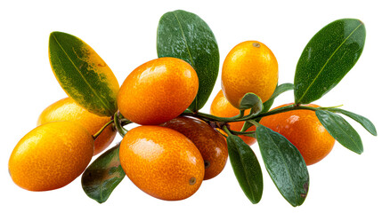 Kumquats clustered on branch with green leaves