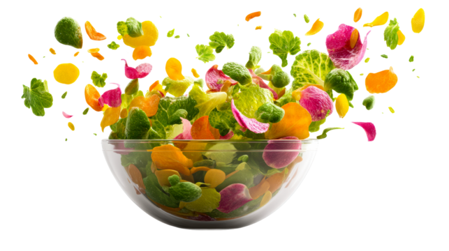 Colorful salad ingredients flying into a bowl with motion