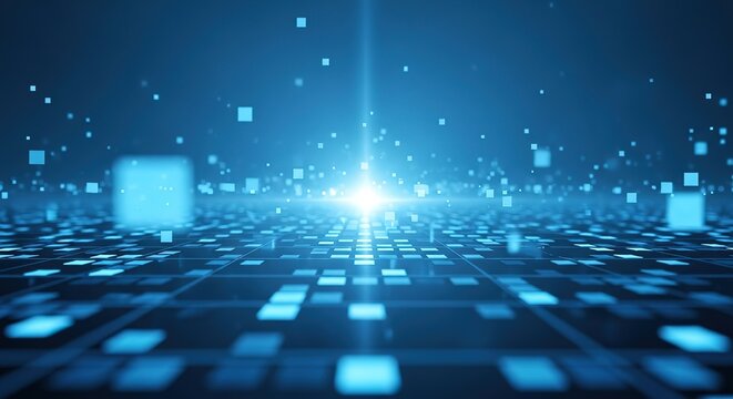 Abstract digital cityscape with glowing blue squares and a bright central light representing data flow and technology