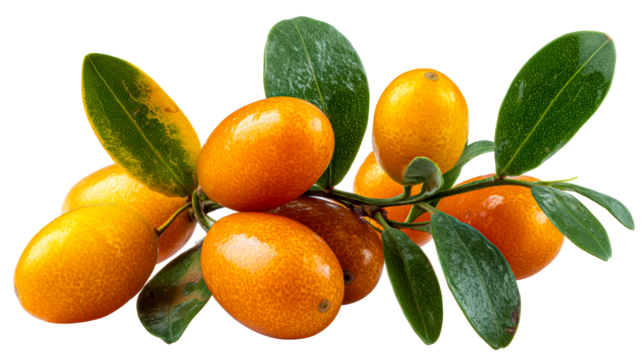 Kumquats clustered on branch with green leaves