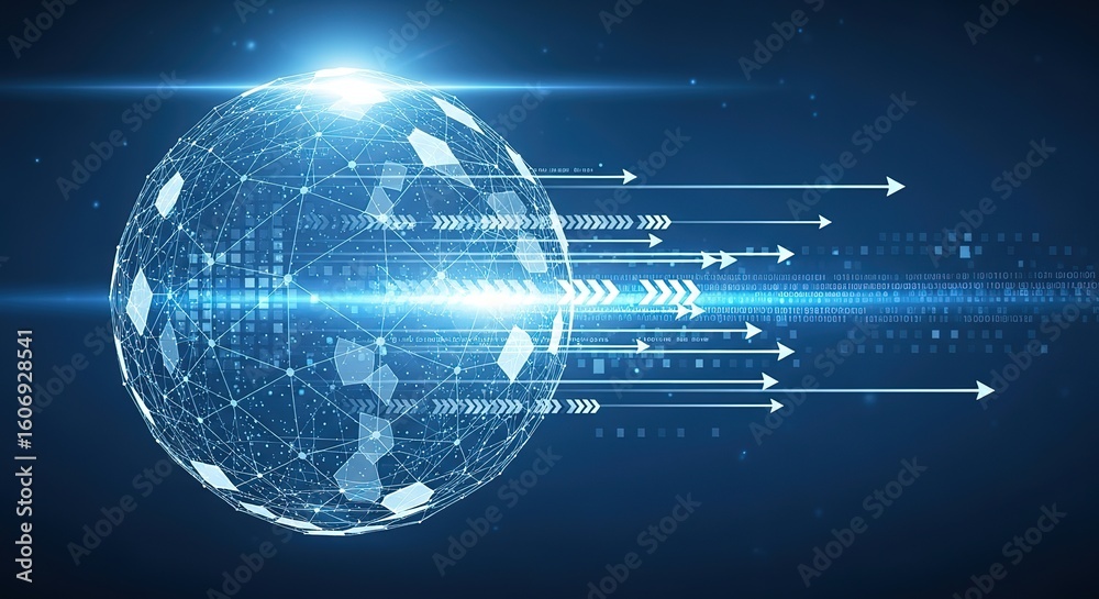 Poster futuristic digital sphere with glowing lines and data streams representing global connectivity and t