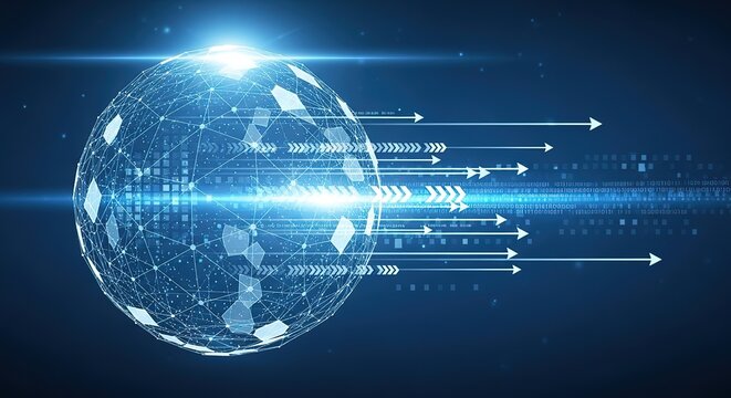Futuristic digital sphere with glowing lines and data streams representing global connectivity and technology