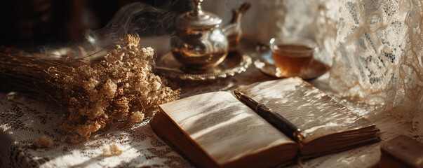 Moments of reflection with a journal, pen, dried flowers, and tea in a cozy, sunlit corner