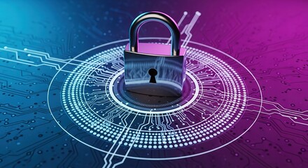 Secure digital lock on futuristic cybernetic network representing data protection and online security