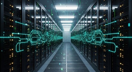 Futuristic data center hallway with glowing green circuits and server racks
