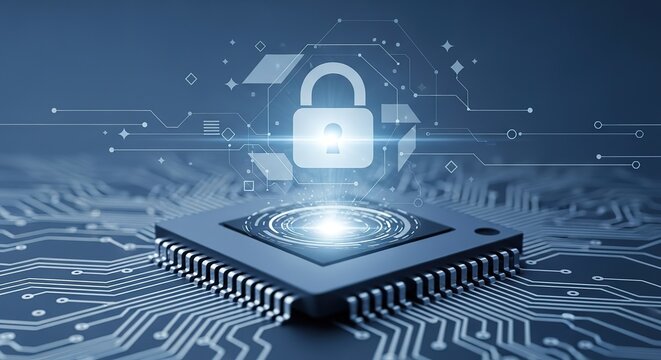 Digital security and data protection symbolized by a glowing padlock above a microprocessor