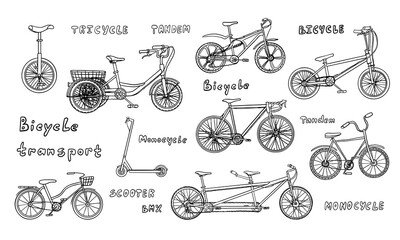Large set of bicycle transport. Monocycle, tandem bicycle, tricycle, scooter, bicycle bmx. Sport. Cycling. Healthy lifestyle. Active lifestyle. Walking bicycle. Vehicle. Biking. Hand drawn. Doodles