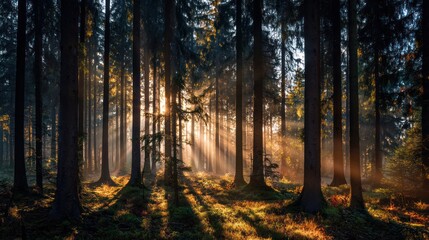 Fototapeta premium Sunlight filters through dense forest trees, casting shadows and illuminating the undergrowth