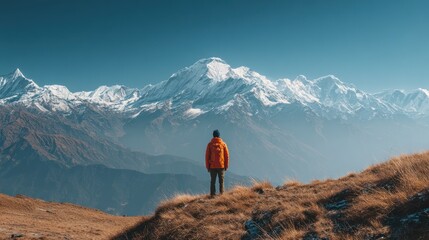 A lone figure gazes at majestic, snow-capped peaks under a brilliant blue sky