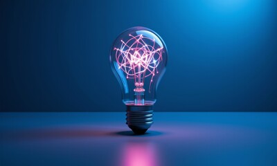 A glowing incandescent light bulb with a complex filament design emits vibrant pink light against a dark blue background