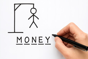 Generative AI: hangman traditional game. hand with pen writes word MONEY. white isolated background

