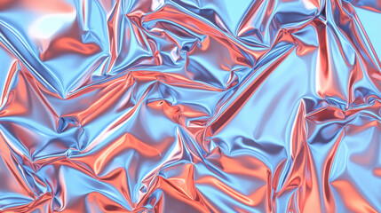 Abstract crumpled holographic foil with vibrant iridescent pink and blue light reflections. Modern liquid metal background.