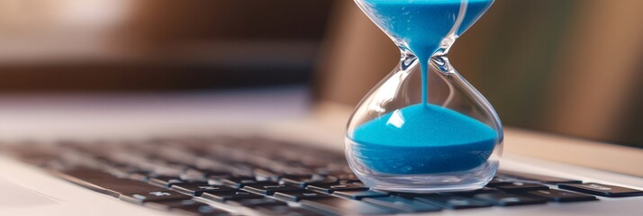 Blue sand flowing through hourglass placed on laptop keyboard, representing deadline, time management, stress, stress relief, anger management, and therapy