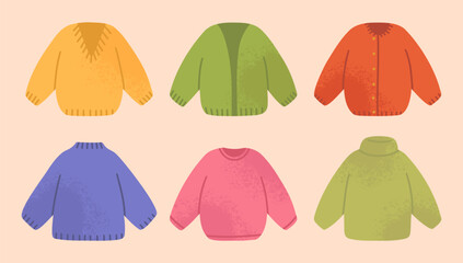 Cute warm autumn sweaters. Bright hand-drawn illustrations of cozy knitted cardigans. Vector design elements.