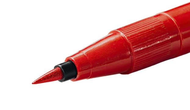 Close-up of a red marker tip.  The tip is a pointed, fine-tipped design, with a shiny red plastic body