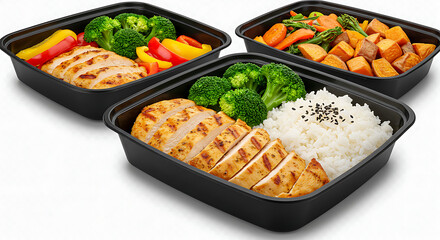 Top-view of black bento-style meal prep containers with colorful healthy food  grilled chicken, vegetables, rice &mdash; on transparent background. High detail, crisp, isolated look.

