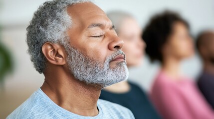 Senior black man practicing mindfulness and stress relief techniques during a group therapy session, focusing on deep breathing exercises for anger management and emotional well being