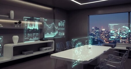 Modern office with digital displays and city view - Powered by Adobe