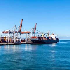 Fototapeta premium Busy U.S. Shipping Port with Cargo Cranes Unloading Freight Ship – Photorealistic Global Trade Scene