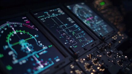 A closeup view of a multifunctional control panel illuminated with LED indicators where a radar display overlays autopilot controls highlighting a combination of tactile knobs and digital