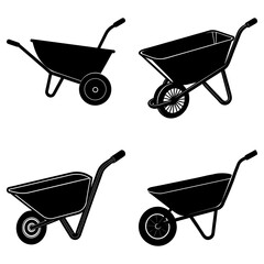 Four black silhouettes of wheelbarrows with varying wheel and frame designs on a white background