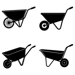 Four black silhouette illustrations of wheelbarrows with varying wheel and frame designs shown