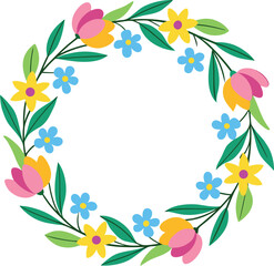 A charming circular floral wreath with vibrant pink tulips yellow daffodils and delicate blue forget me nots on a white background