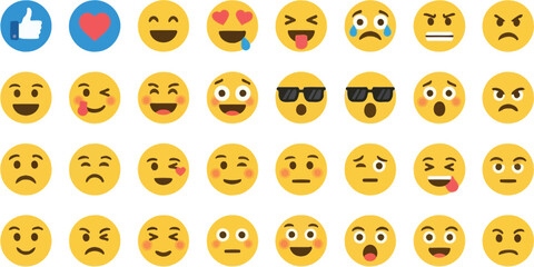 Emoticons emoji faces expression vector illustration social media communication set