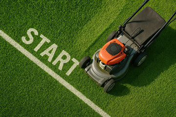 Generative AI: mowing the grass, mowing the lawn with lawnmower. lawn mower on grass next to line and word START
