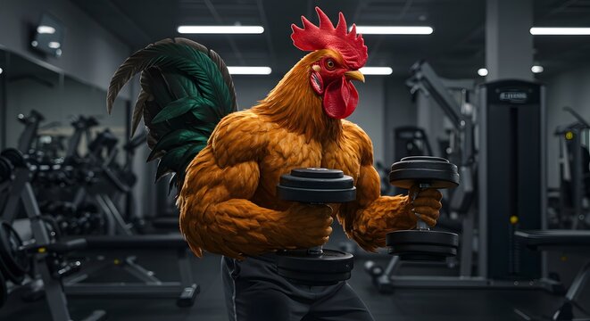 A muscular rooster is working out in a gym, lifting dumbbells with a determined expression.