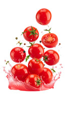Ripe cherry tomatoes with spices and splashing tomato juice on transparent background