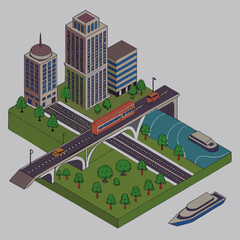 Isometric Modern City with River, Bridges, and Transport Infrastructure